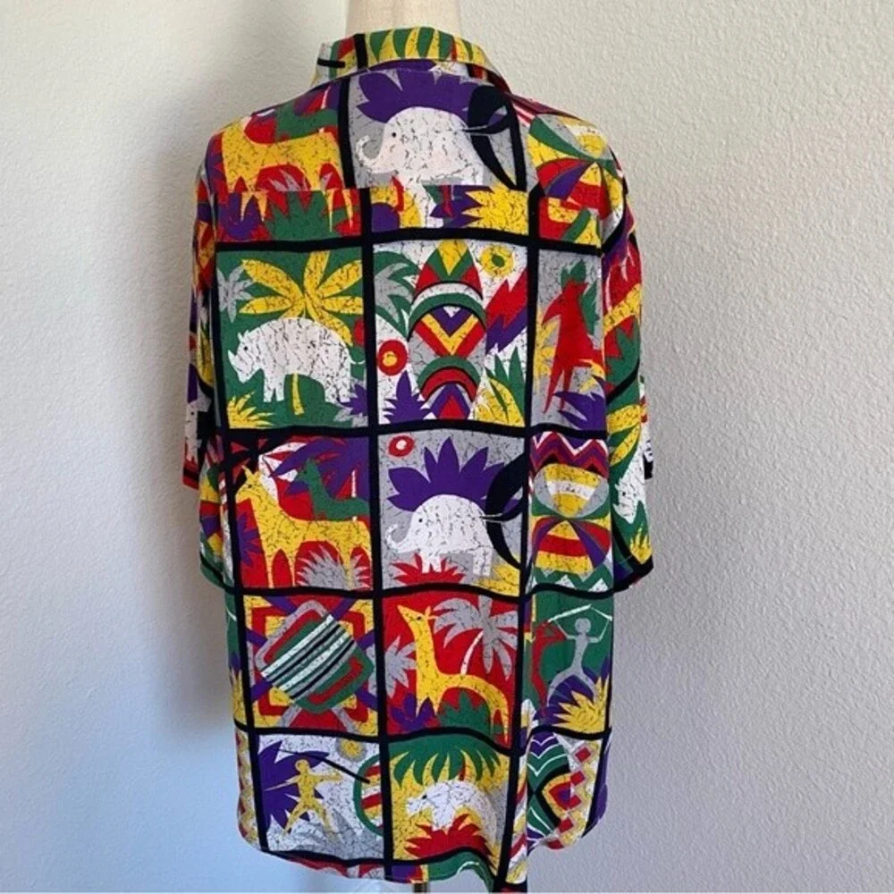 Vintage Bellows Brut Le Garage France Red Blue Vibrant Color Tropical Top SZ L